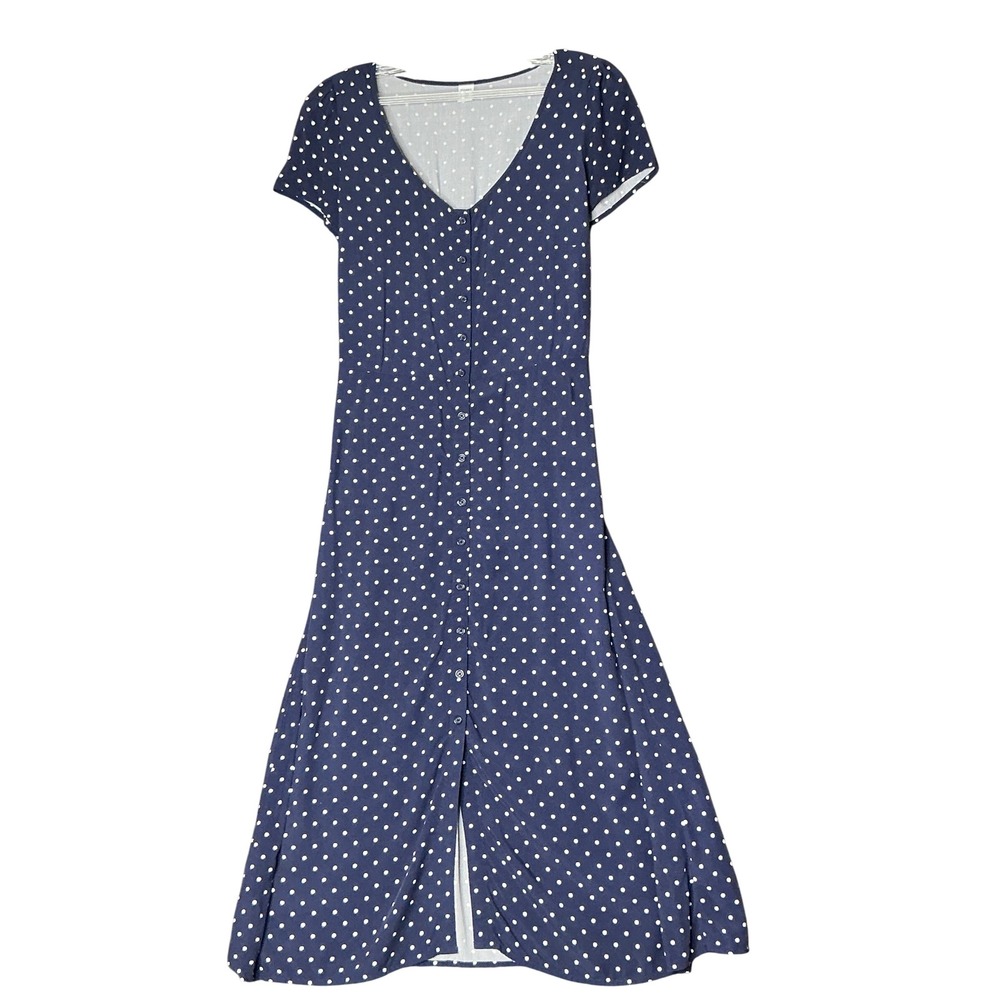 Old Navy Navy Blue White Polka Dot Button Front Midi Dress Womens Small Rayon